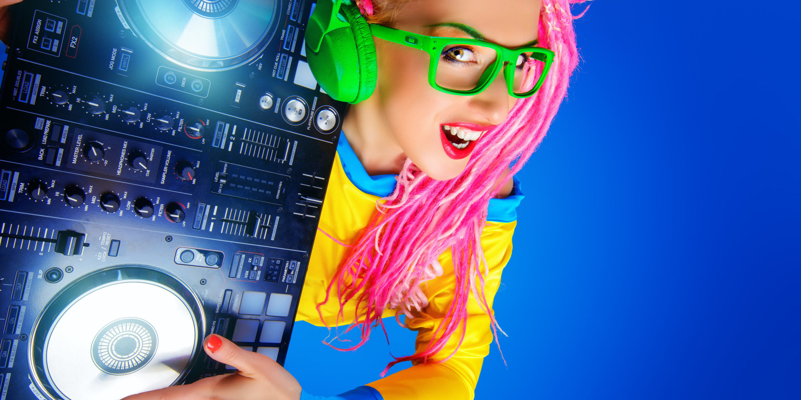 Expressive,Modern,Dj,Girl,Wearing,Bright,Clothes,,Headphones,And,Bright